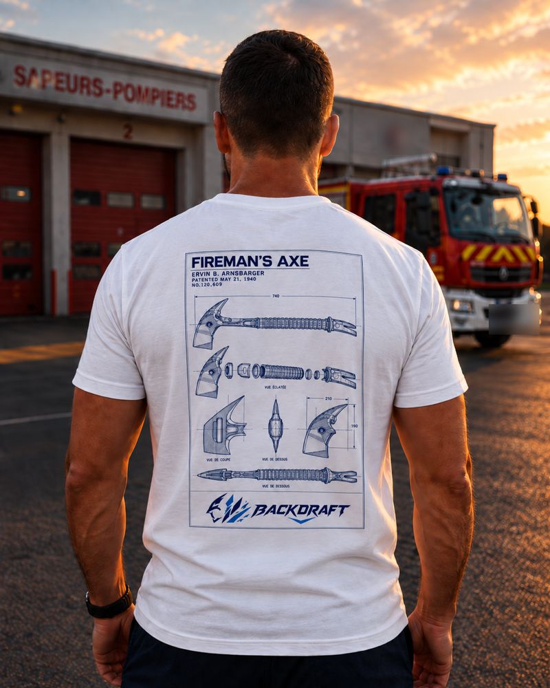 Tee blanc Fireman's Axe Blueprint porté de dos devant une caserne