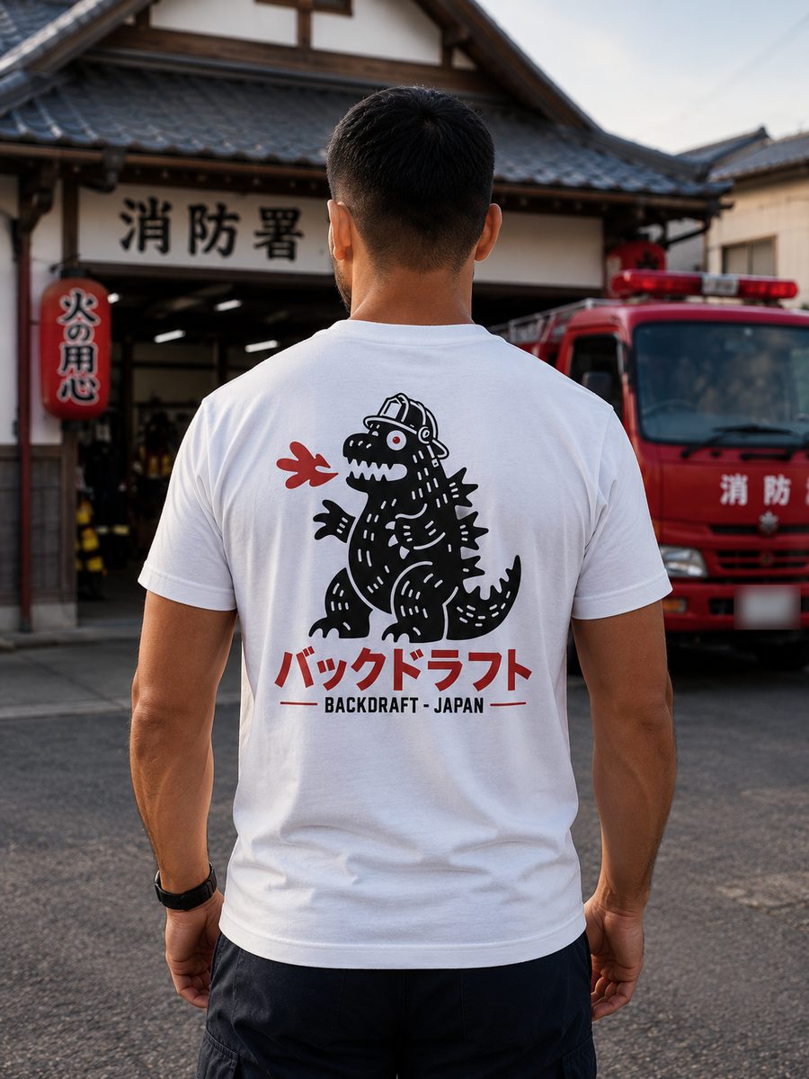 Tee blanc Backdraft Japan porté de dos devant une caserne japonaise