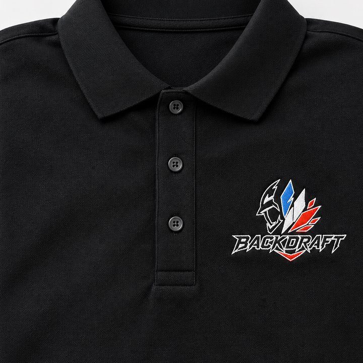 Polo noir avec logo Backdraft brodé tricolore